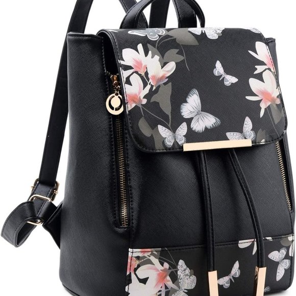 Fashion Shoulder Black Backpack with Flowers